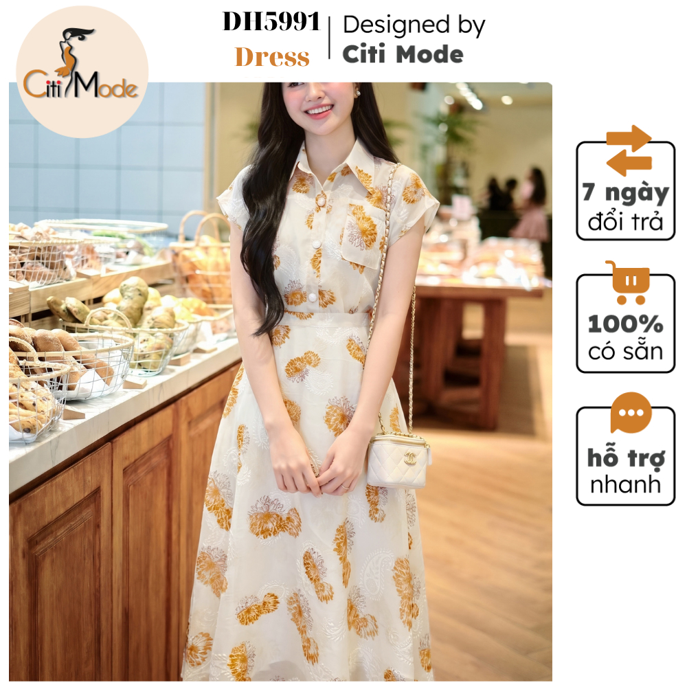 Đầm công sở CITI MODE FASHION thiết kế Đầm xòe kem hoa nâu cổ đức tay chờm DH5991