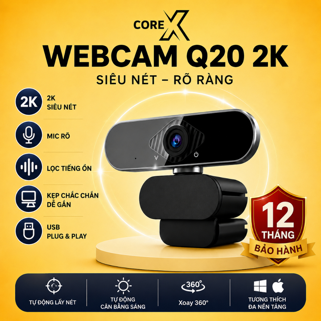 Webcam PC Laptop Q20 2K corex Có Mic,Siêu Nét, Webcam Máy Tính Cao Cấp Hỗ Trợ Sáng Học Online, Lives