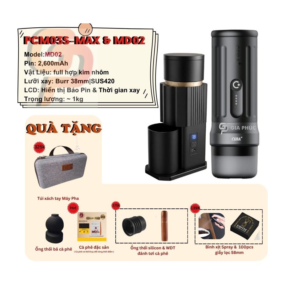 Máy Pha cà phê CERA+ PCM03S-Max | Kết Nối app điện thoai | Rổ  58mm | 20bar | Pin 13,500mAh| Sạc Nha