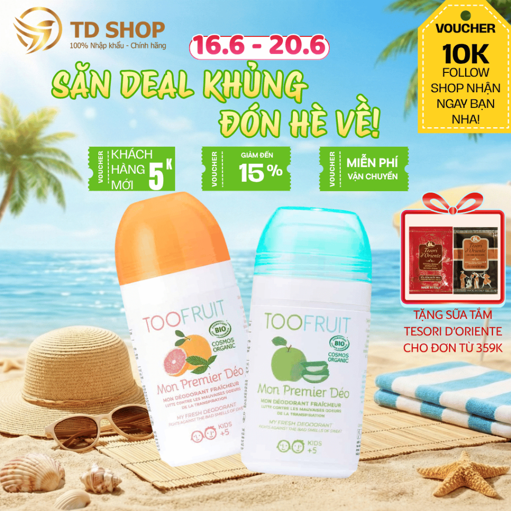 Lăn khử mùi hữu cơ không muối nhôm cho bé từ 5 tuổi TOOFRUIT hương trái cây 50ml - TD Shop