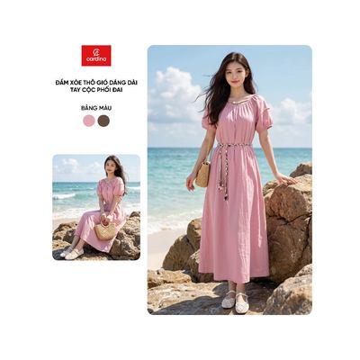 Đầm nữ CARDINA chất liệu thô gió dáng xòe dài tay cộc phối đai 6VXD05