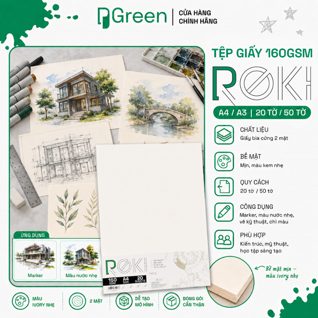 Giấy Roki Ivory 165gsm A3 A4 A5 - Tệp 20/50 Tờ - Giấy Kem Vẽ Sketch, Marker, Vẽ Kỹ Thuật | PGREEN