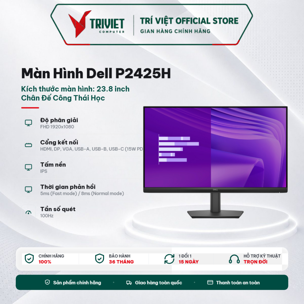 Màn Hình Dell P2425H (23.8 inch - FHD - IPS - 100Hz - 5ms - USB TypeC) Chân Đế Công Thái Học
