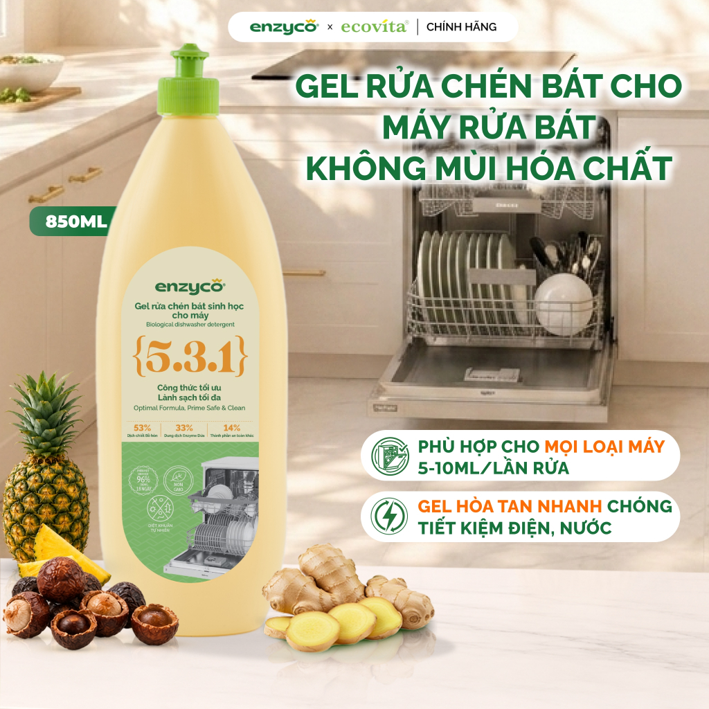 Gel Rửa Chén Bát Sinh Học Chuyên Dùng Cho Máy ENZYCO 850ml -  Chiết xuất Bồ hòn và Enzyme Dứa