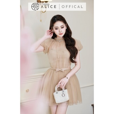 Váy Dự Tiệc Tiểu Thư Cao Cấp Alice Chất Lưới Đính Đá, Đầm Ngắn Tay Bồng Cổ Tròn Kèm Đai Nơ V1473