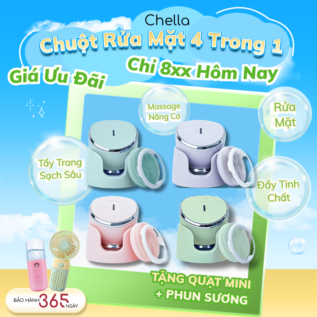 Chuột Rửa Mặt Chella 4 trong 1 - Kiêm Máy Rửa Mặt - Tẩy trang - Đẩy Tinh Chất - Massage mặt - Bảo Hà