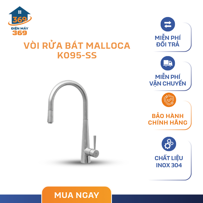 Vòi Nóng Lạnh Malloca K095-SS - Chất Liệu Inox 304 Bền Bỉ - Thân Vòi Xoay 360 Độ - SMC