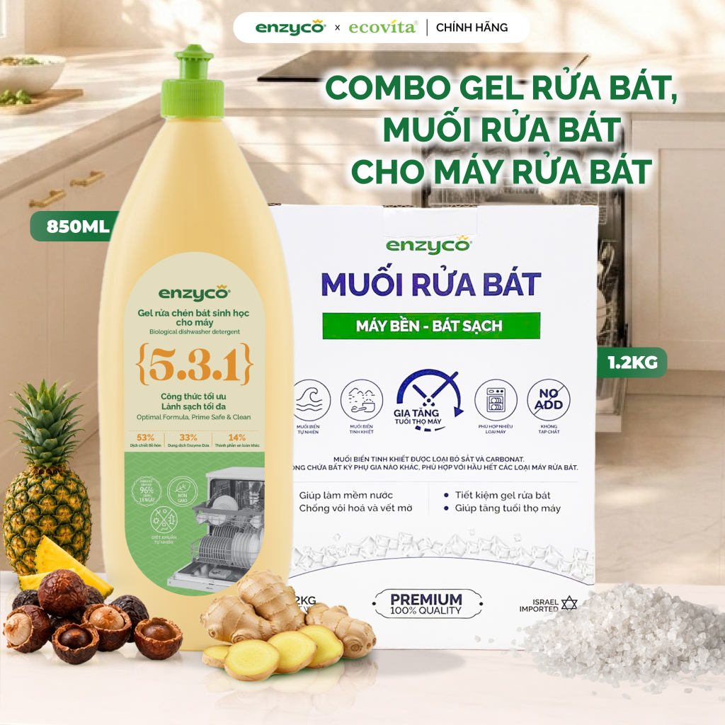Combo Gel Rửa Bát Và Muối Rửa Bát Dành Cho Máy Enzyco - Chiết Xuất Bồ Hòn và Enzyme Dứa