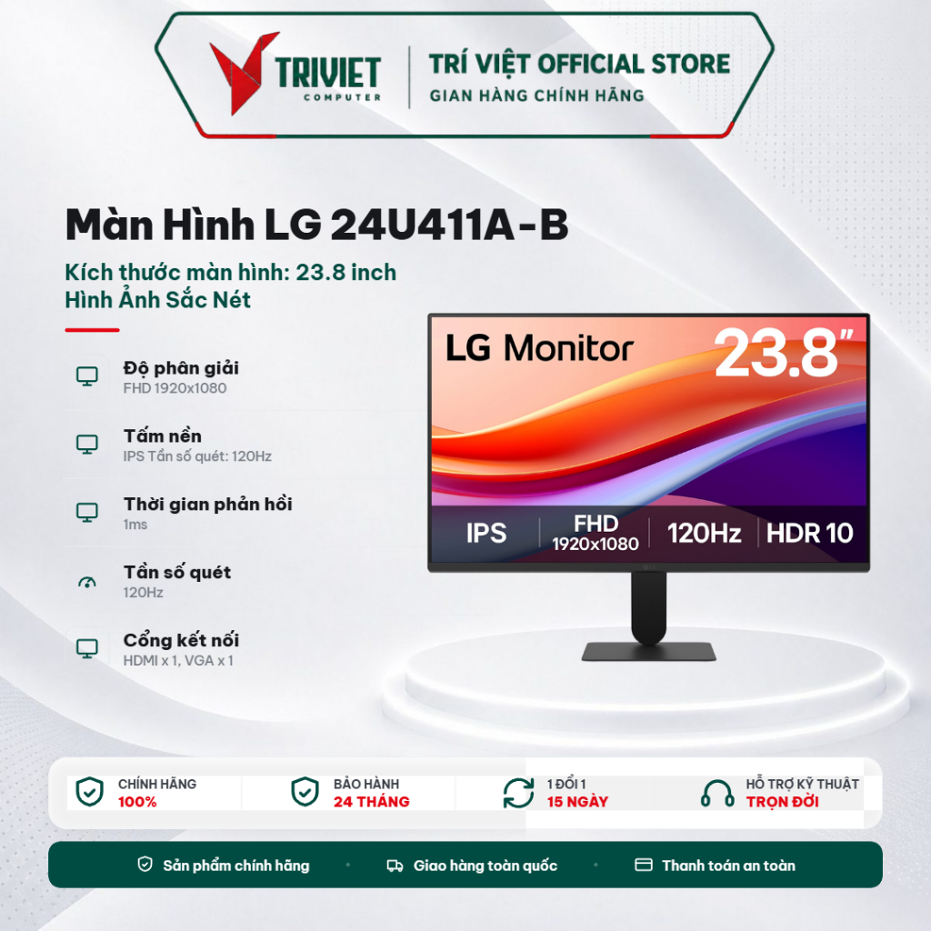 Màn Hình LG 24U411A-B 23.8 Inch IPS Full HD 120Hz 1ms | HDMI + VGA, Viền Mỏng, Hình Ảnh Sắc Nét
