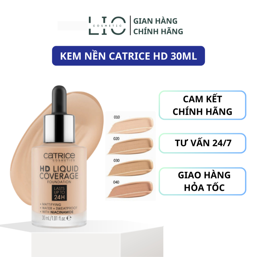 Kem nền Catrice HD Liquid Coverage Foundation 30ml che phủ tự nhiên lâu trôi với mọi loại da