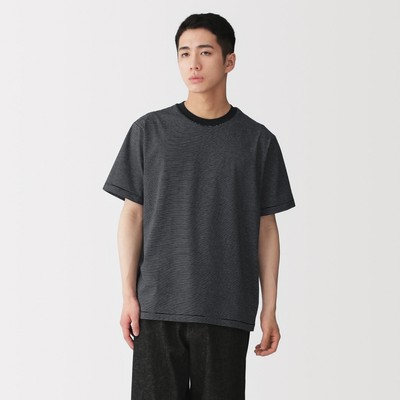 [26AW] MUJI Áo Thun Nam Vải Jersey Kẻ Sọc Cổ Tròn Tay Ngắn