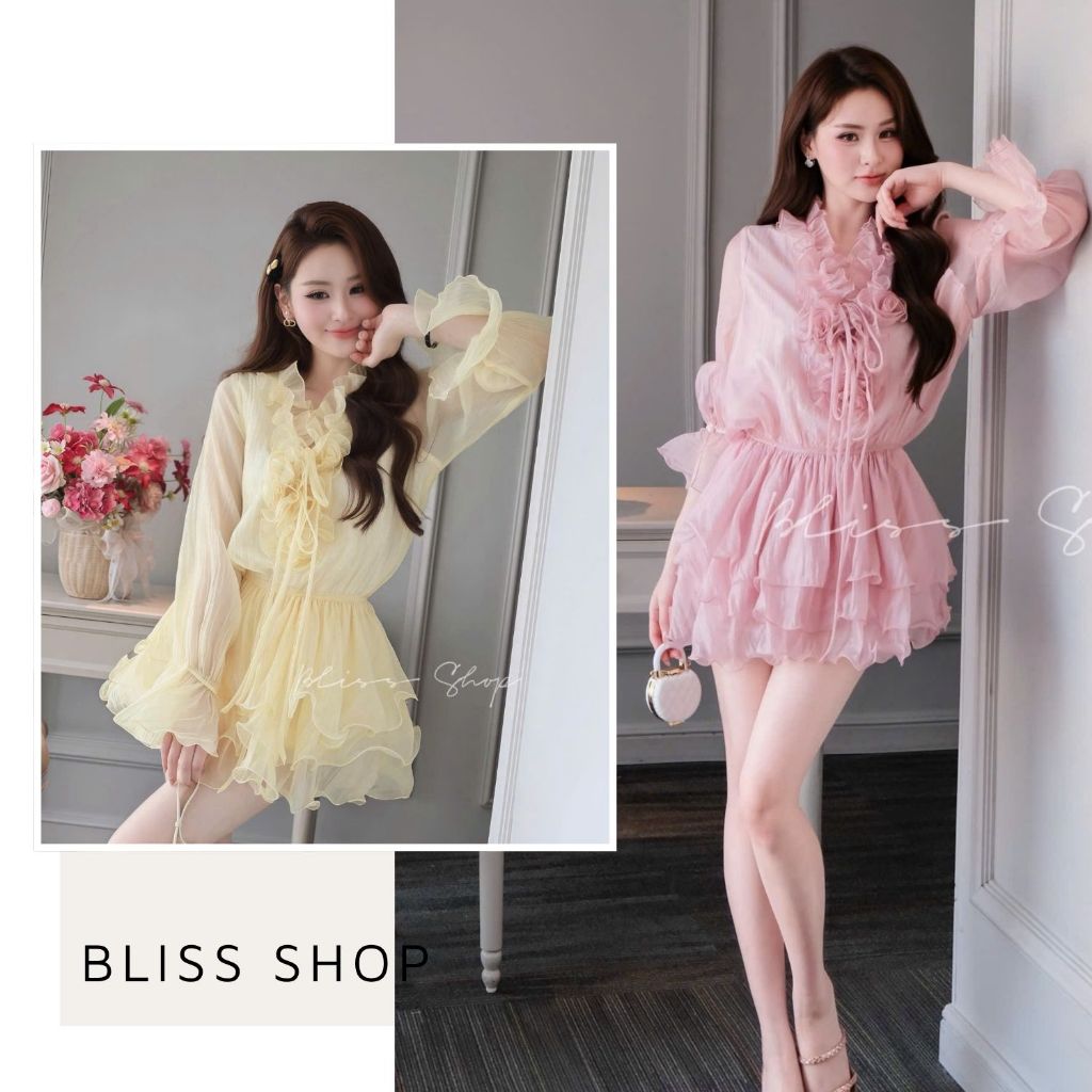 [Summer 2026] Đầm Váy Ngắn Tơ Ánh Bèo Phồng Chiết Eo Chun Tôn Dáng Trẻ Trung Nữ Tính Bliss Shop - V5