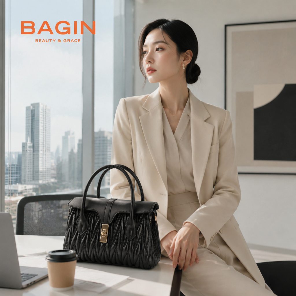 BAGIN Túi Xách Nữ Màu Xám Nhạt Vân Nhún, Túi Công Sở Quai Đôi Phong Cách Tối Giản