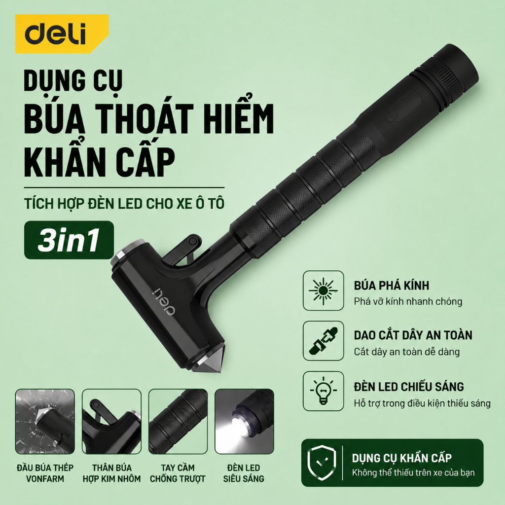 Dụng cụ sinh tồn, Búa Thoát Hiểm Khẩn Cấp Tích Hợp Đèn LED Cho Xe Ô Tô Deli - 3in1