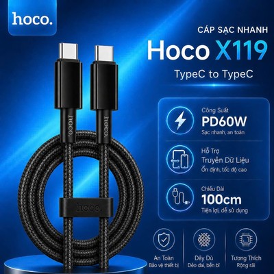 Cáp sạc nhanh PD60W Type-C to Type-C Hoco X119 hỗ trợ truyền dữ liệu, dây bọc dù dùng cho 15 trở lên/Android dài 1M