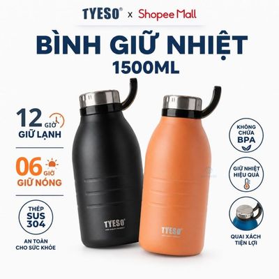 Bình nước giữ nhiệt thể thao dung tích lớn 1500ml có tay cầm ống hút chuẩn Tyeso giữ lạnh 12h 8818