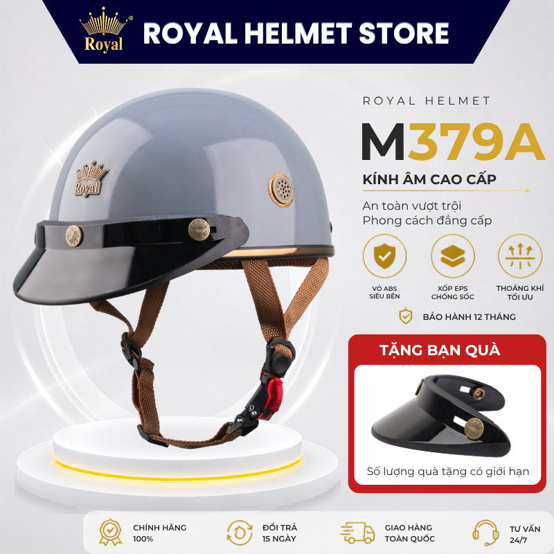 Mũ Bảo Hiểm Royal Nửa Đầu Chính Hãng M379 Tặng Kèm Lưỡi Trai Che Nắng, Mũ Bảo Hiểm 1/2 Royal M379 Na