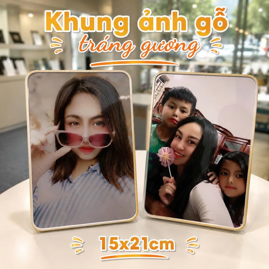 (ĐN) Khung ảnh gỗ tráng gương meca bo viền cỡ 15x21cm in theo yêu cầu