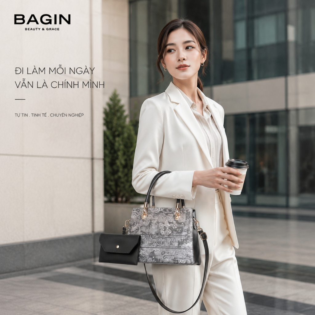 BAGIN Túi Xách Nữ Họa Tiết Hoa Văn Cao Cấp, Túi Công Sở Kèm Ví Nhỏ Thanh Lịch