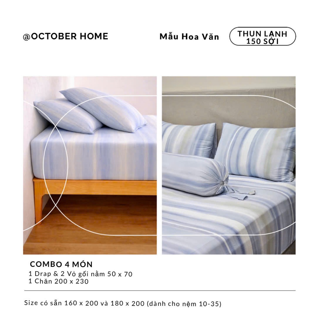 Set 4 Món Vải Lạnh Cool Fabric OCTOBER HOME Size 1m6 & 1m8 Mát Lạnh nhiều họa tiết