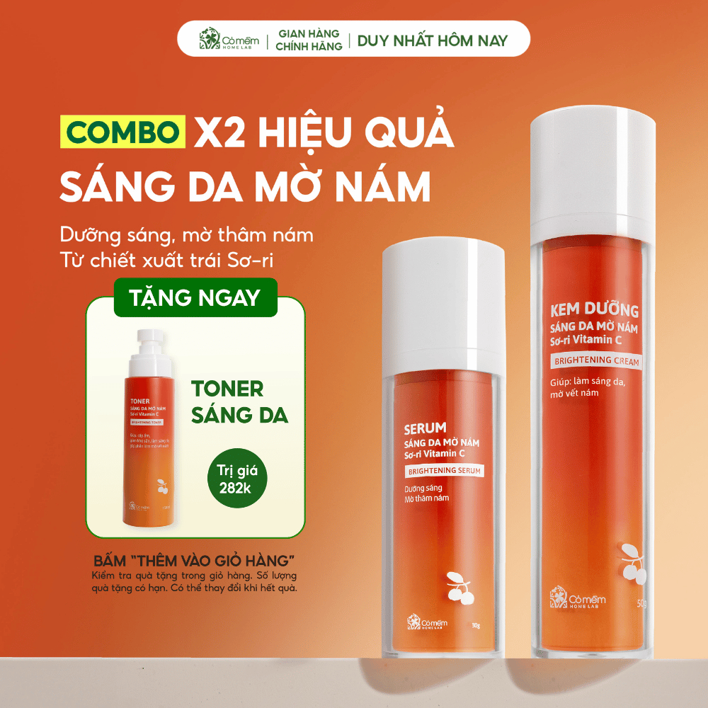 Bộ đôi serum kem dưỡng Vitamin C dưỡng sáng da mờ thâm nám tàn nhang từ trái Sơ-ri Cỏ Mềm