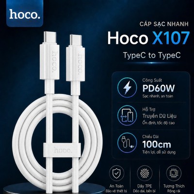 Cáp sạc nhanh PD60W Type-C to Type-C Hoco X107 dùng cho Android/Oppo/Samsung/IP15 trở lên dài 1M