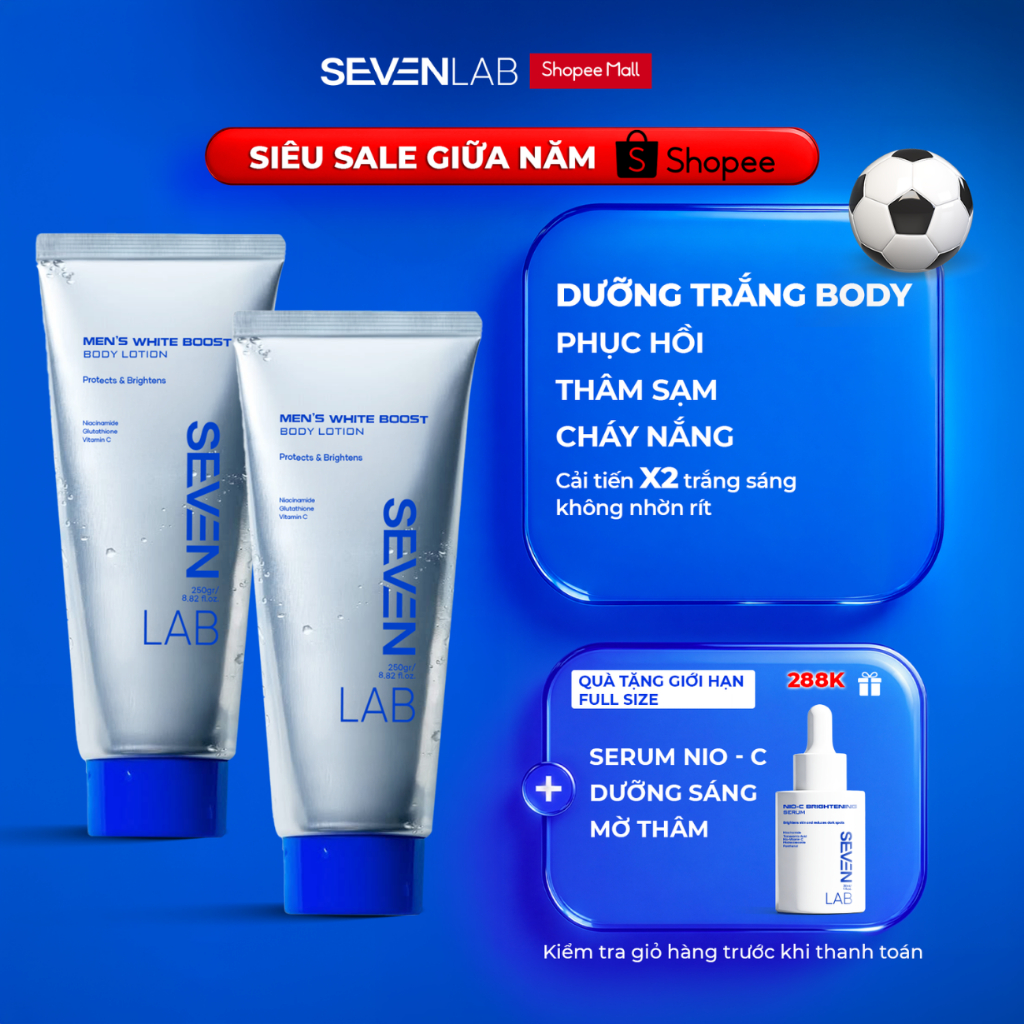 Sữa dưỡng thể trắng da nam giới SEVENLAB 250gram không nhờn dính, mờ thâm, đều màu da vượt trội