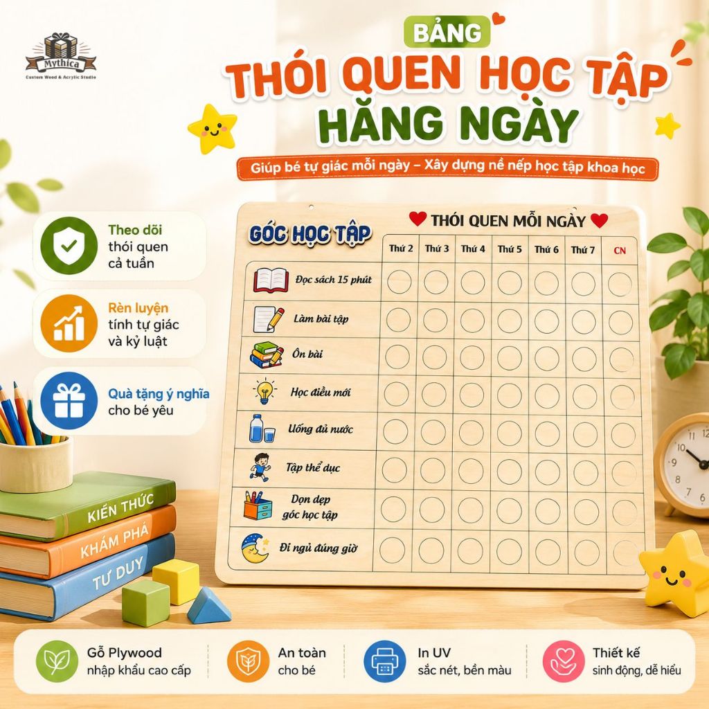 Bảng Thói Quen Học Tập Cho Bé Gỗ Plywood Theo Dõi Nhiệm Vụ Tuần — ảnh listing minh họa