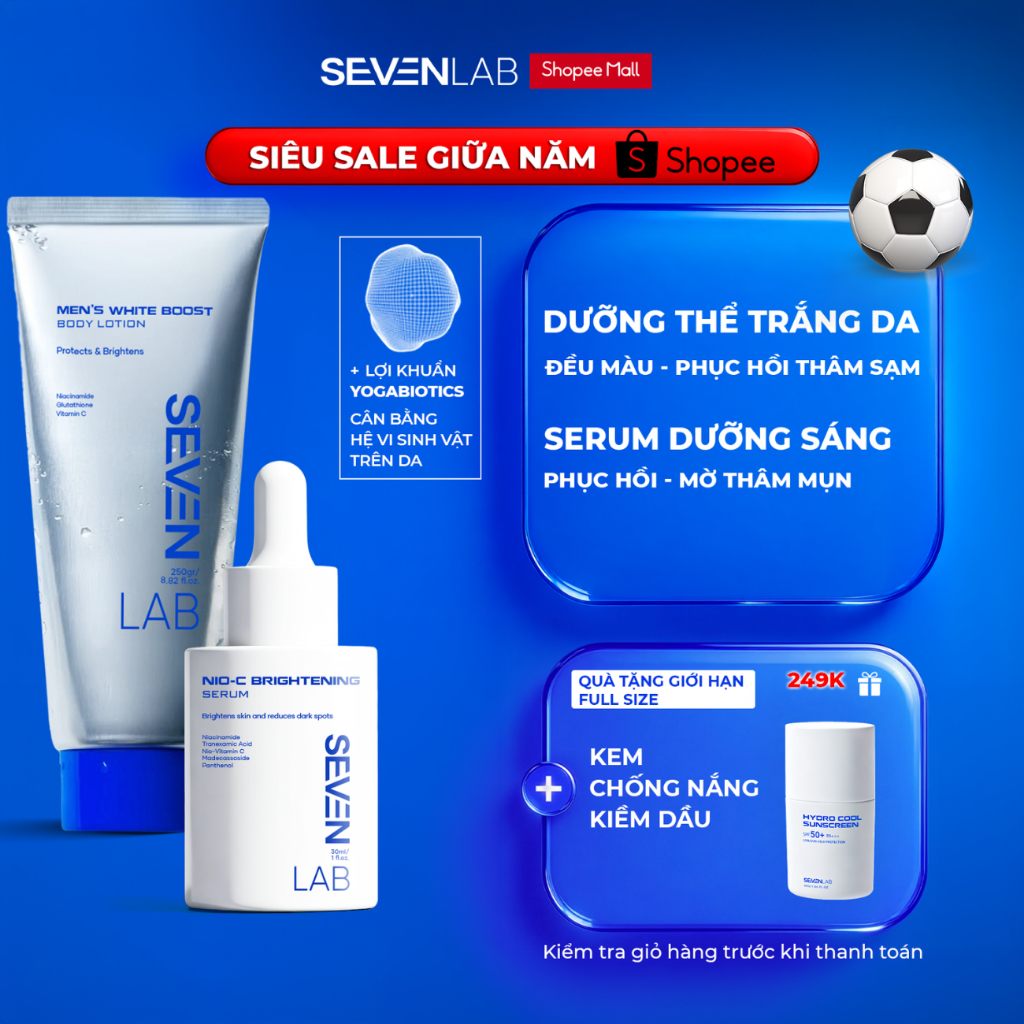 Combo sữa dưỡng thể và serum trắng da nam giới Nio-VitaminC SEVENLAB hỗ trợ mờ thâm, giúp sáng da vư
