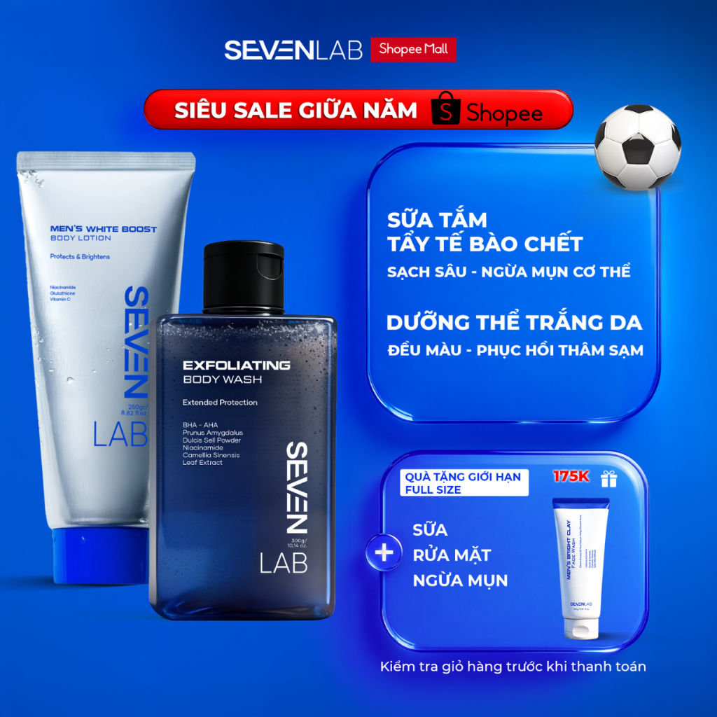 Combo sữa tắm tẩy tế bào chết và sữa dưỡng thể trắng da nam SEVENLAB giúp ngăn ngừa mụn lưng, cơ thể