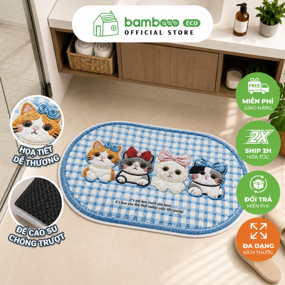 Thảm Nhà Tắm Chống Trượt Đế Cao Su BAMBOOO ECO - Họa Tiết Mèo Dễ Thương Êm Chân