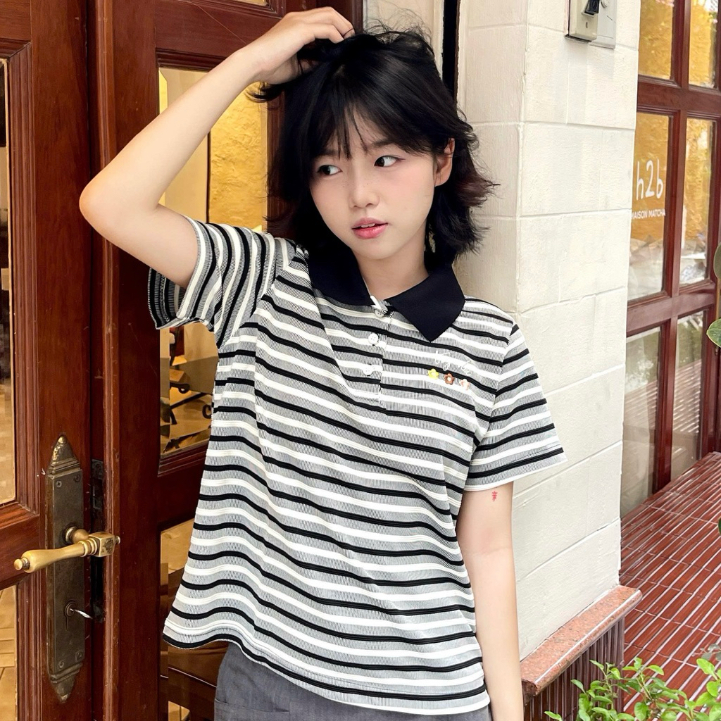Áo Polo Nữ Chất Vải Thun Gân Sọc Nổi, Cổ Bẻ Kẻ Ngang Phong Cách Hàn Quốc -  POLO STYLE | BigBuy360 - bigbuy360.vn