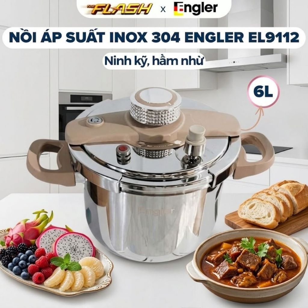 Nồi áp suất inox ENGLER EL9112 dung tích 6L lòng nồi inox 304 an toàn nồi đa năng dùng mọi loại bếp