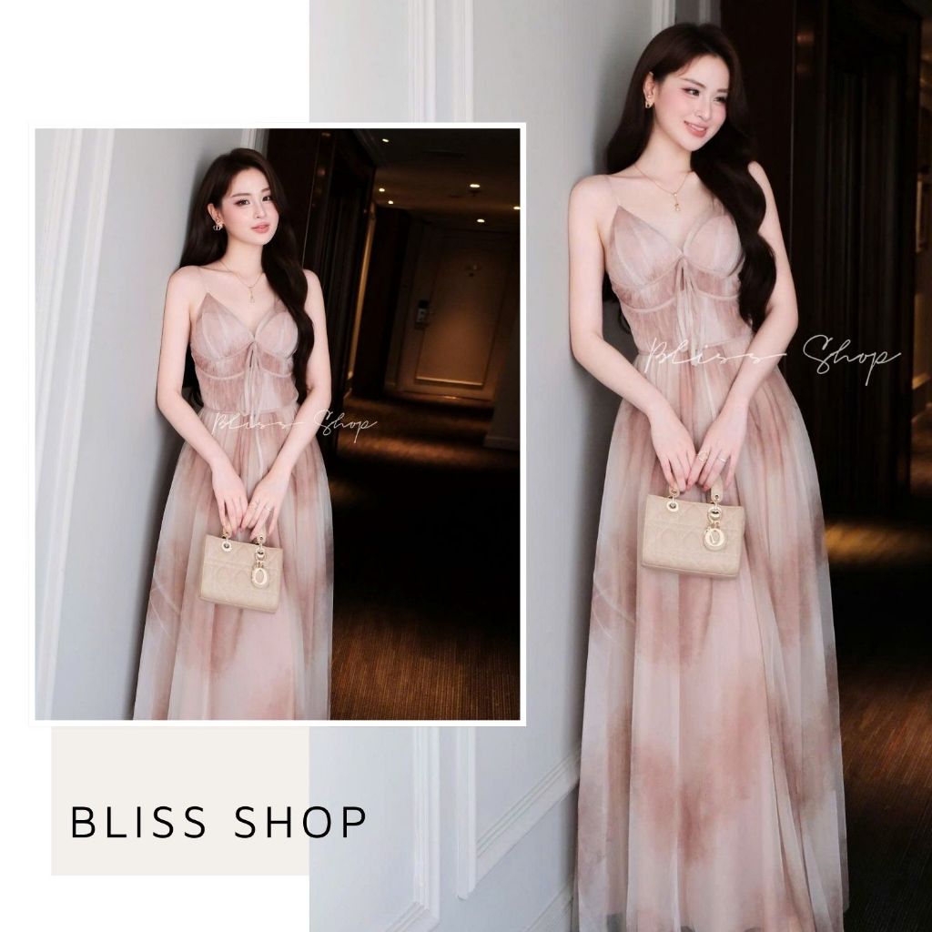 [Thiết Kế Cao Cấp] Đầm Váy 2 Dây Dáng Dài Xòe Chiết Eo Tôn Dáng Màu Loang Sang Chảnh Bliss Shop - V9