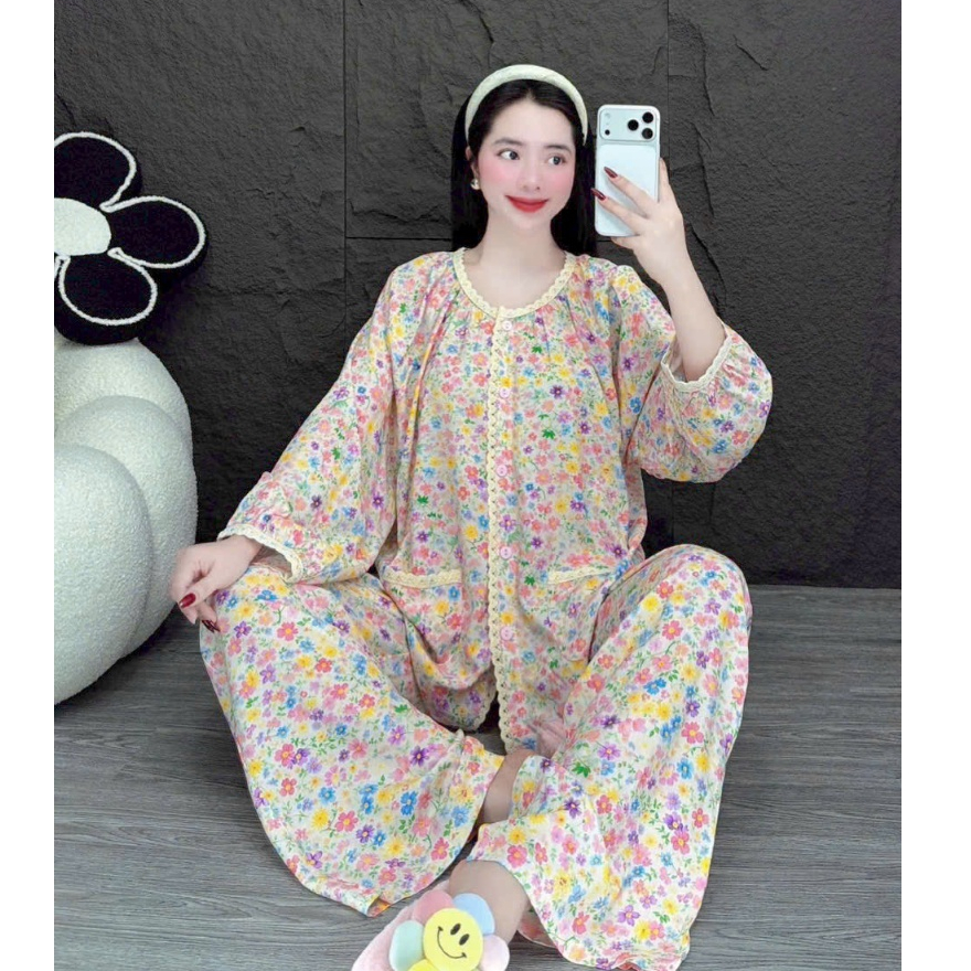 QUẦN DÀI TAY DÀI VIỀN REN PHOM SUÔNG TLD273 - Đồ Bộ Tole Lanh Nữ Mặc Nhà