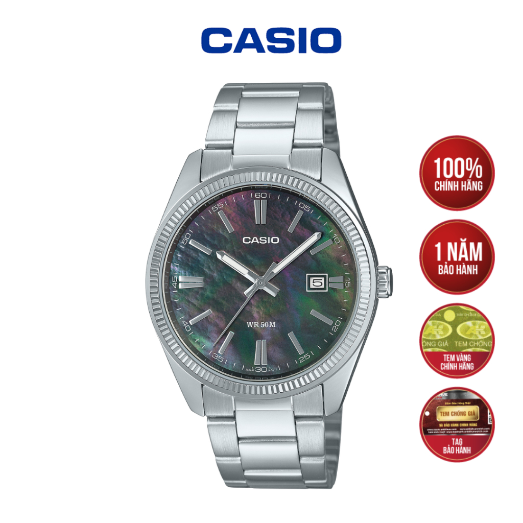 [MÃ MTP-1302DS-1AVDF] Đồng Hồ Casio Dây Thép - Mặt Xà Cừ Đen Chống Nước 50M