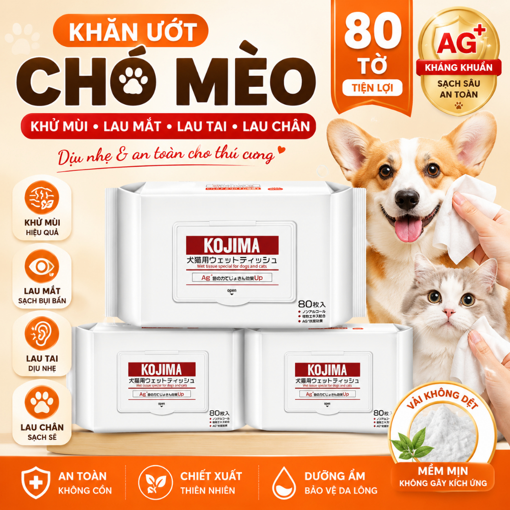 (MUA 3 TẶNG 1) Giấy ướt đa năng cho thú cưng KOJIMA, Khăn ướt vệ sinh chó mèo kháng khuẩn - Kenji Sh