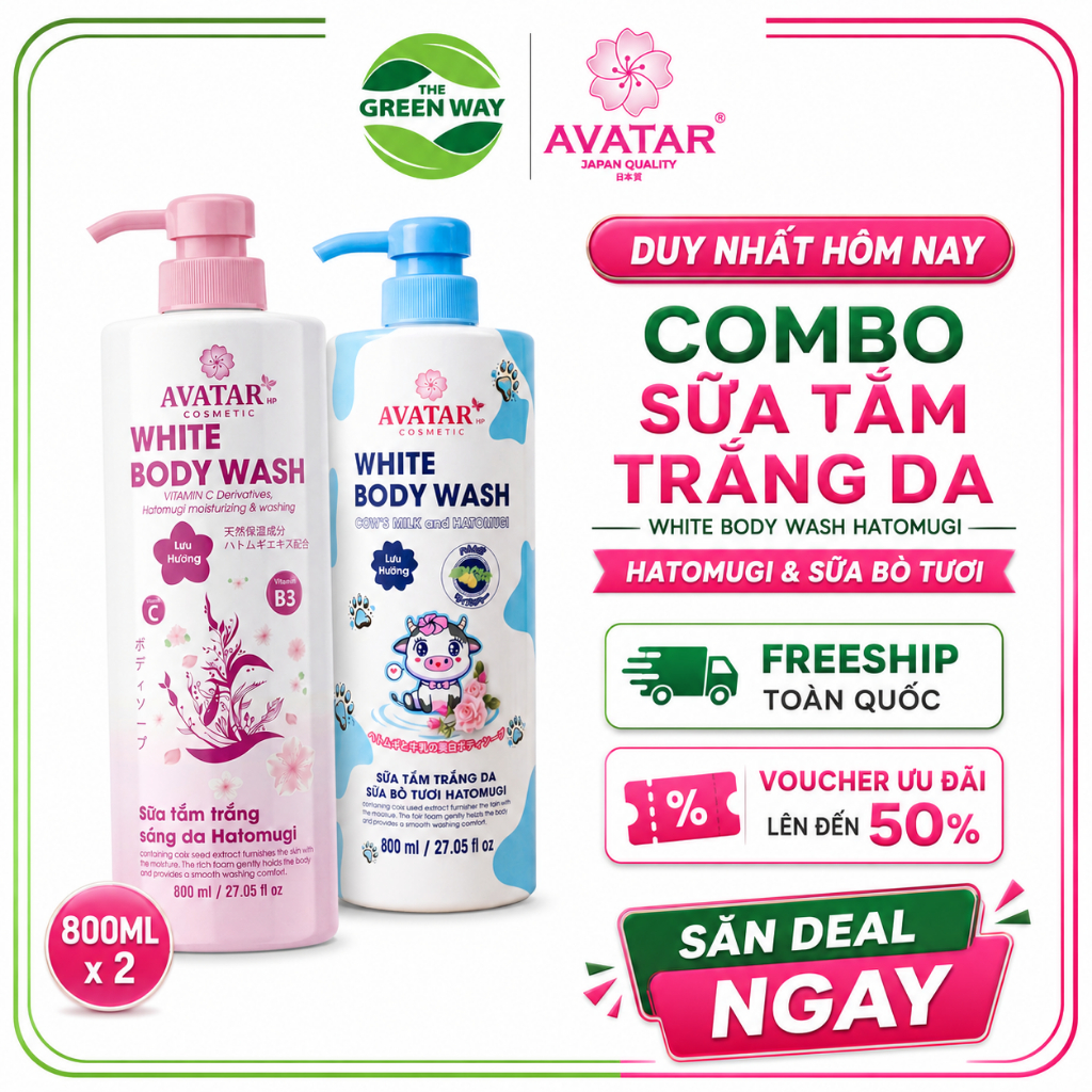 Sữa Tắm AVATAR TRẮNG DA Wash 800ml Hatomugi, Làm Sạch Dưỡng Ẩm, Lưu Hương, 2 Phân Loại Xanh/Hồng