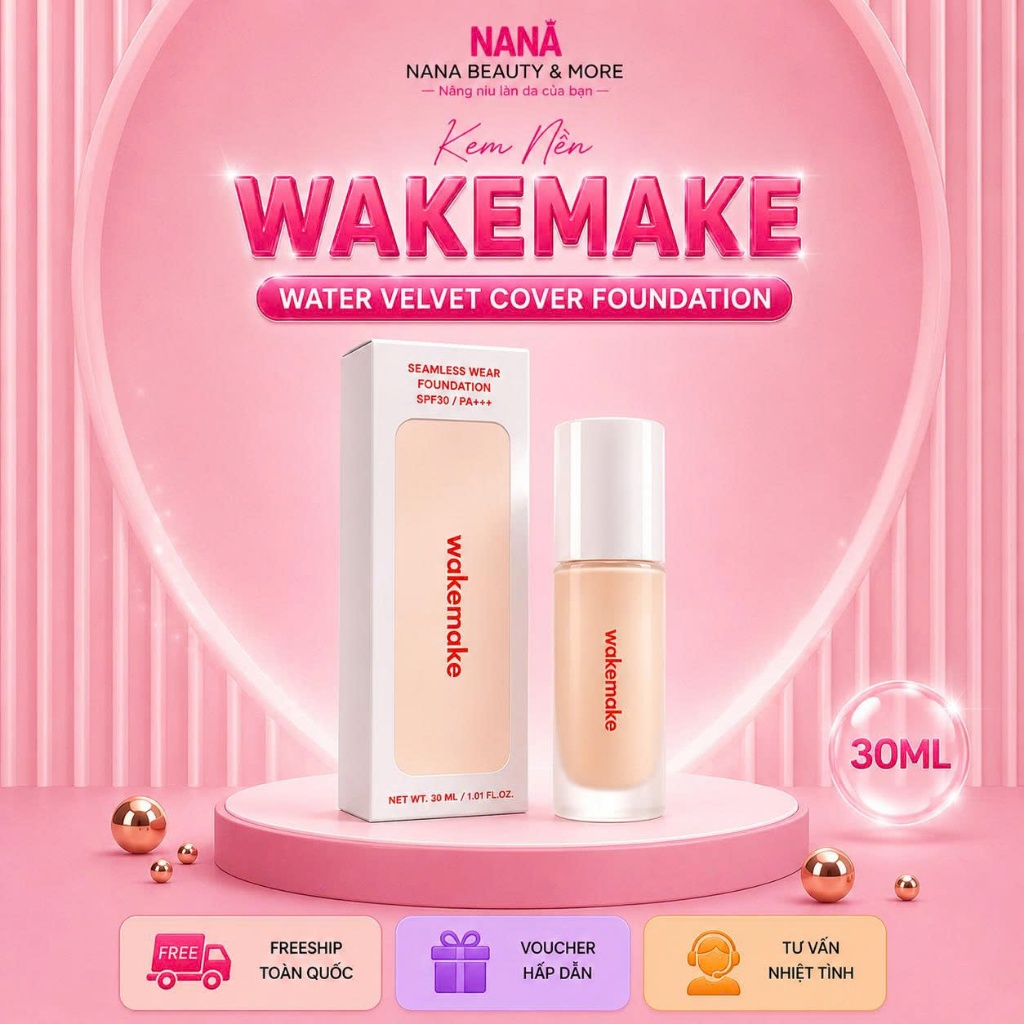 Kem Nền Wakemake Water Velvet Cover Foundation 30ML - Nana Shop
