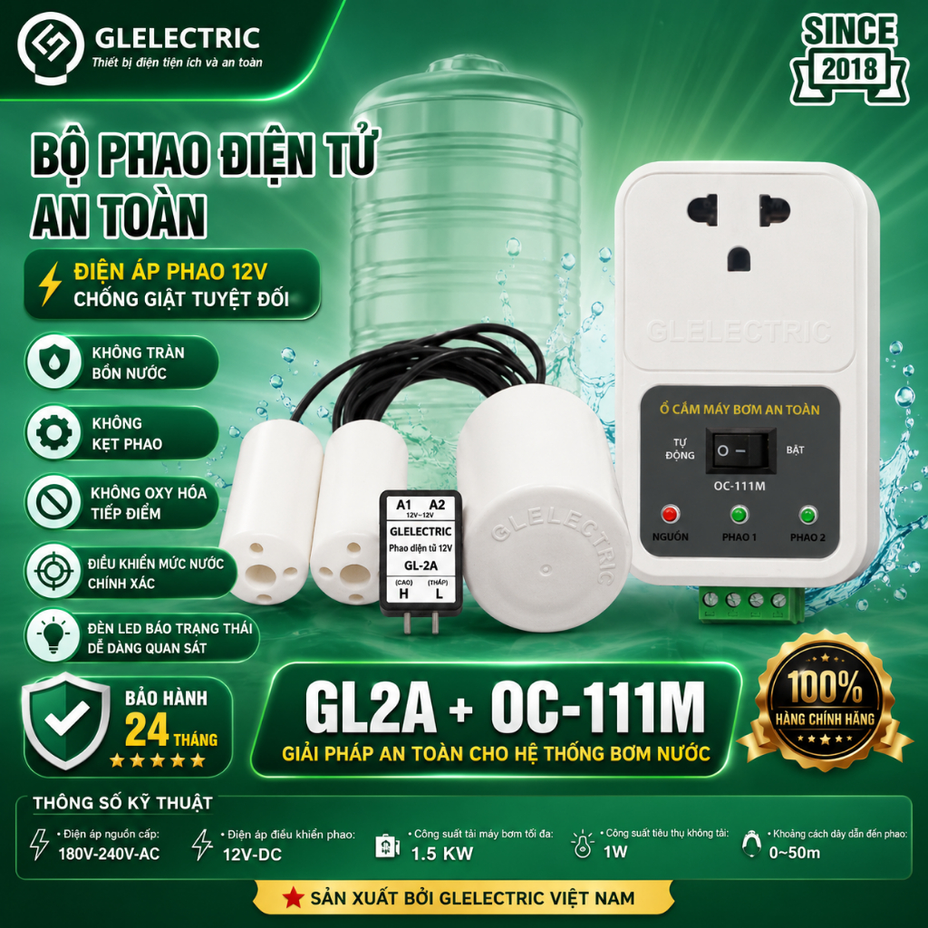Phao Điện 12V GL2A + Ổ Cắm Bơm OC111M | Không Cần Tủ Điện | Chống Cạn Chống Tràn | BH 24T