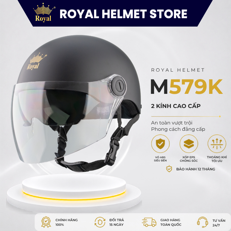 Mũ Bảo Hiểm Royal Nửa Đầu Chính Hãng M579K Kính Dài Chắn Gió Nam Nữ, Mũ Bảo Hiểm Nửa Đầu Royal