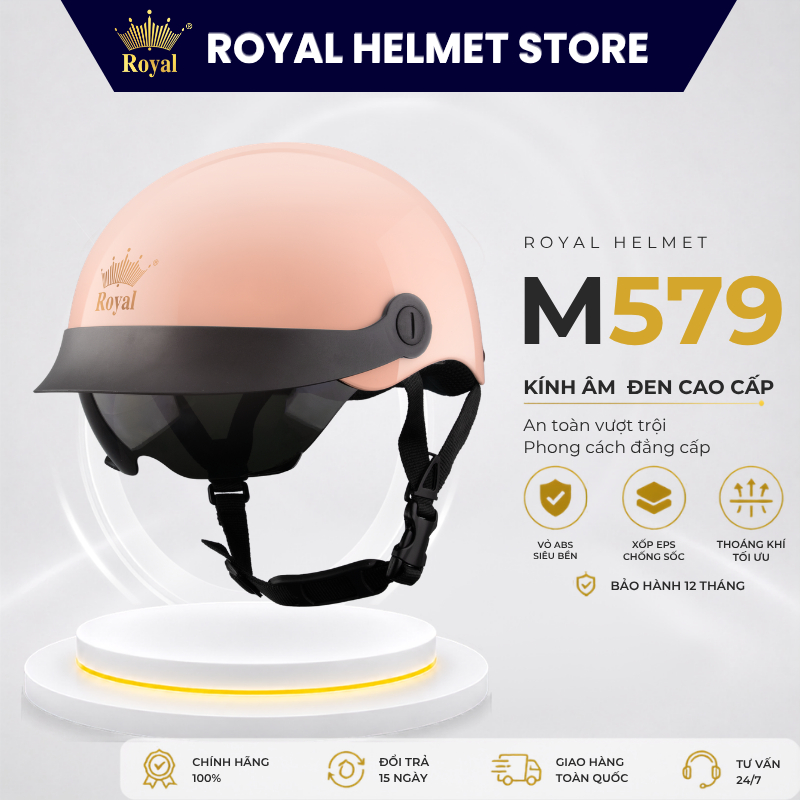Mũ Bảo Hiểm Royal Chính Hãng Nửa Đầu M579K Kính Dài Chắn Gió, Mũ Bảo Hiểm Royal 2 Kính Nam Nữ