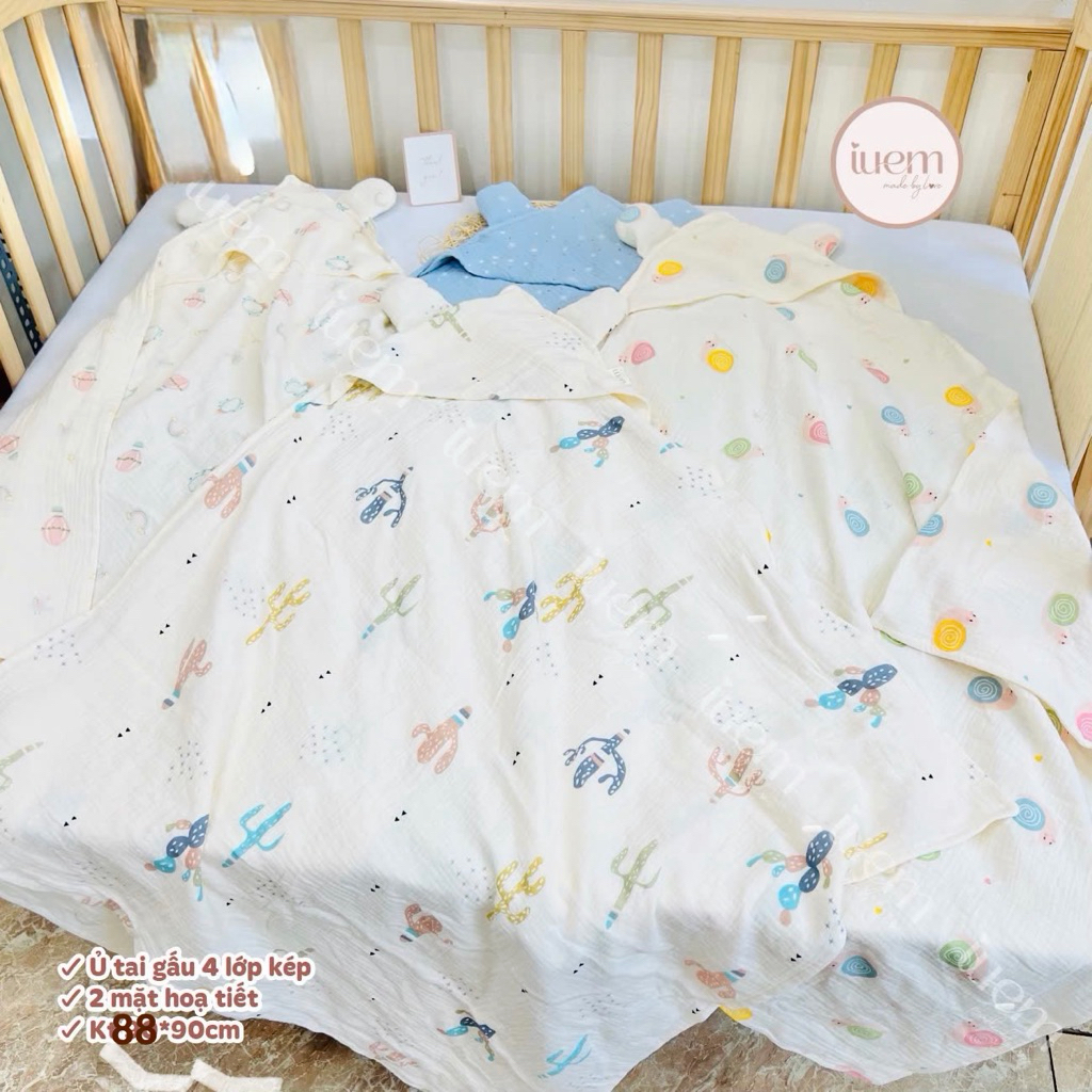 iuem Ủ QUẤN (size to 88*90cm) tai gấu 4 lớp có mũ, ủ hè mềm mát cho bé, kết hợp làm khăn tắm và áo c