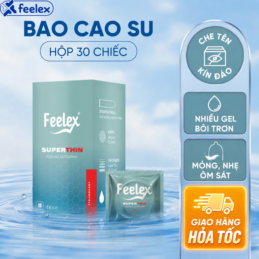 Bao cao su Hộp 30 chiếc Feelex Superthin siêu mỏng ôm sát nhiều gel hương dâu, hương nước hoa, hương vani