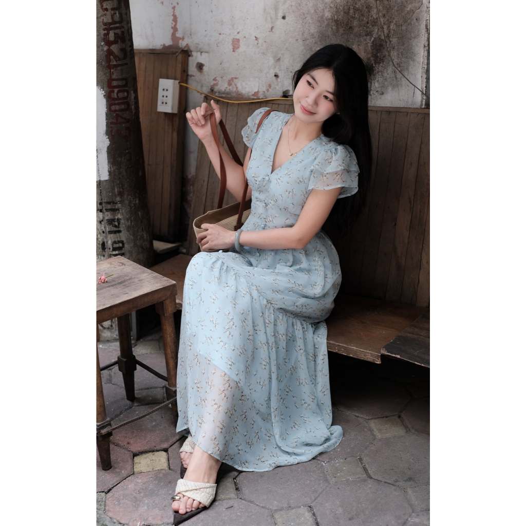 Olivia dress phiên bản xanh nhạt hoa nhí (voan)