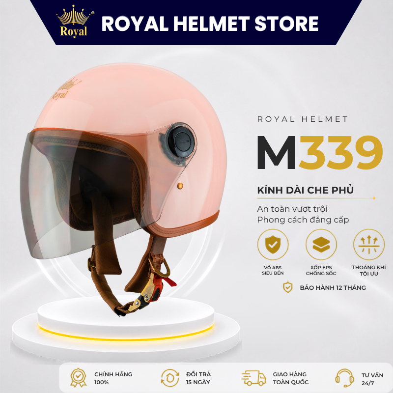 Mũ Bảo Hiểm Royal Chính Hãng M339 Có Kính Dài Chắn Gió Nam Nữ, Mũ Bảo Hiểm 3/4 Royal BH 12 Tháng