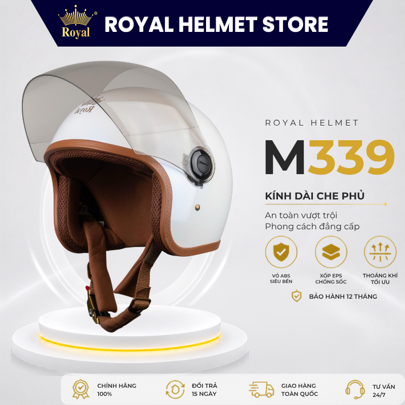 Mũ Bảo Hiểm 3/4 Royal M339 Chính Hãng Cho Nam Nữ, Mũ Bảo Hiểm Royal Đạt Chuẩn Kính Dài BH 12T