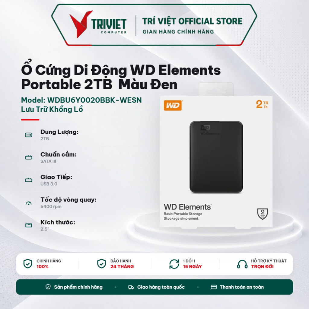 Ổ Cứng Di Động WD Elements Portable 2TB 2.5" USB 3.0 - WDBU6Y0020BBK-WESN (Đen)