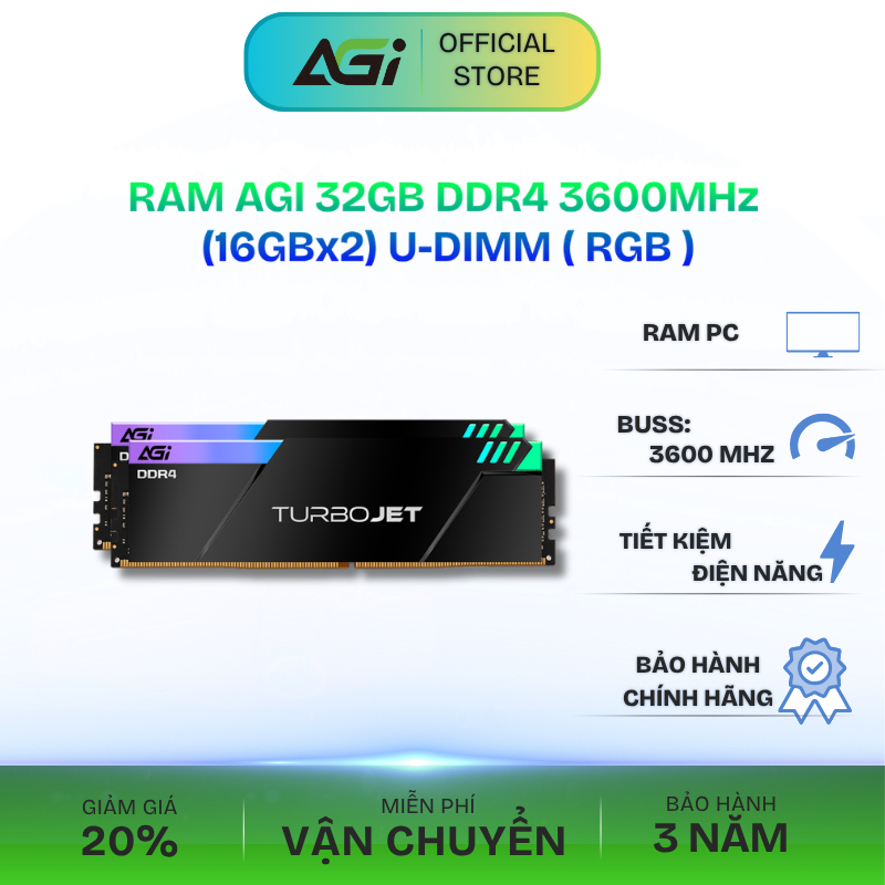 Kit RAM PC AGI 32GB(16GBx2) DDR4 3600MHz U-DIMM ( RGB ) - AGI3EPC16UD848-DC