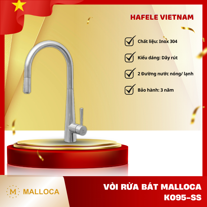 Vòi Dây Rút Malloca K095-SS - Inox 304 Cao Cấp - 2 Đường Nước Nóng Lạnh Tiện Lợi - FEM